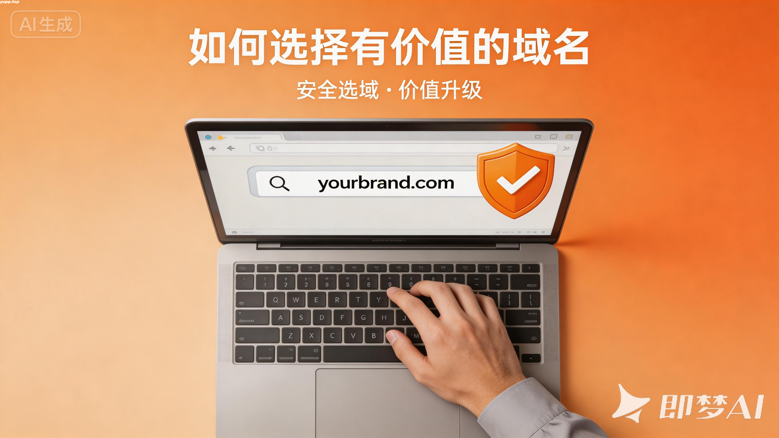 jimeng-2026-03-05-3141-网页条幅图，主题为如何选择有价值的域名，画面呈现简洁的键盘输入域名场景、带有盾牌.